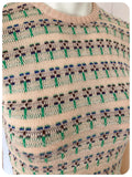 VINTAGE 1970s SKINNY RIB KNIT JUMPER TOP TAN PATTERN FLECK UK6 - 10
