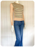 VINTAGE 1970s SKINNY RIB KNIT JUMPER TOP TAN PATTERN FLECK UK6 - 10