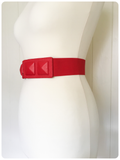 VINTAGE 80’s WIDE RED ELASTIC CINCH WASPIE WAIST BELT PYRAMID STUD BUCKLE