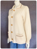 VINTAGE 1970’s CREAM RIB KNIT & TAN SUEDE POCKET BIG BUTTON CARDIGAN UK8 10 12