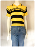 VINTAGE 1970s BRIGHT YELLOW & BLACK STRIPE SKINNY RIB JUMPER TOP T SHIRT NEW DEAD STOCK UK6-10
