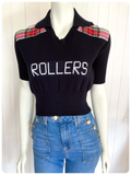 VINTAGE 1970s BAY CITY ROLLERS BLACK TARTAN SKINNY RIB KNIT JUMPER TOP T SHIRT UK8-12