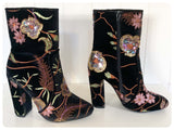 VINTAGE RETRO STYLE BLACK VELVET FLORAL EMBROIDERY SEQUINS ANKLE BOOTS CHUNKY HEEL BOHO HIPPIE UK 3