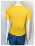 VINTAGE 1970s BRIGHT YELLOW & WHITE CUTE BUTTON SKINNY RIB JUMPER TOP T SHIRT UK6-10