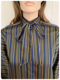 VINTAGE 70’s 80’s GREEN BLUE STRIPY STRIPED SILKY PUSSY BOW TIE NECK PUFF SLEEVE BLOUSE SHIRT UK 8