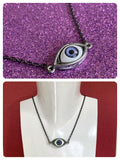 HAND CRAFTED 3D ANTIQUE SILVER BLUE EYE NECKLACE QUIRKY RETRO