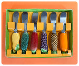 SET OF 6 MID CENTURY VINTAGE STAINLESS STEEL KNIVES MAJOLICA CERAMIC FRUIT & VEGETABLE HANDLES BOXED SIGNED JAPAN