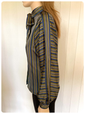 VINTAGE 70’s 80’s GREEN BLUE STRIPY STRIPED SILKY PUSSY BOW TIE NECK PUFF SLEEVE BLOUSE SHIRT UK 8