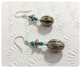 HANDMADE BOHO BALI ANTIQUE SILVER TURQUOISE BEAD EARRINGS RETRO TRIBAL