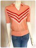 VINTAGE 1970s PEACH CHEVRON BANLON KNITTED JUMPER TOP T POLO SHIRT UK8 -10