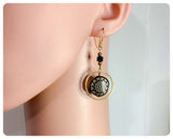 HANDMADE ANTIQUE BRASS GOLD BLACK INDIAN SUN MANDALA DISC HOOP DROP EARRINGS VINTAGE BOHO TRIBAL