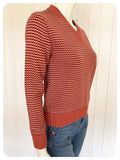 VINTAGE 1970s V NECK SKINNY RIB KNITTED JUMPER TOP BROWN FLECK UK8 -10