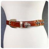 VINTAGE 70’s 80’s DEEP TAN THICK LEATHER METAL LINK CHAIN WAIST CINCH  BELT WESTERN BUCKLE 24-28 INCHES