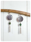 HANDMADE OXIDISED ANTIQUE SILVER INDIAN MANDALA GREEN MOSS AGATE NATURAL GEMSTONE TASSEL DROP EARRINGS RETRO BOHO