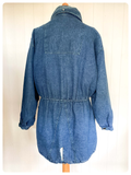 VINTAGE 80’s MUSTANG BAGGY BLUE DENIM FISHTAIL PARKA JACKET COAT VIVID TURQUOISE LINING L/XL
