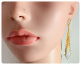 HANDMADE CLEAR QUARTZ LONG POINT GLASS CRYSTAL ART DECO CHANDELIER RENAISSANCE GOLD CONE ORNATE FILIGREE DROP EARRINGS RETRO BIRTHSTONE BOHO