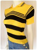 VINTAGE 1970s BRIGHT YELLOW & BLACK STRIPE SKINNY RIB JUMPER TOP T SHIRT NEW DEAD STOCK UK6-10