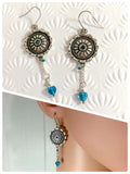 HANDMADE ANTIQUE SILVER FLORA MANDALA TURQUOISE TEAL AQUA HEART GLASS BEAD DROP EARRINGS RETRO BOHO