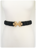 VINTAGE 80’s BLACK ELASTIC FAUX LEATHER CINCH WASPIE WAIST BELT ENAMEL FLOWER BUCKLE