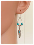 HAND CRAFTED ANTIQUE SILVER TURQUOISE NATURAL GEMSTONE INDIAN FEATHER DANGLE DROP BOHO EARRINGS