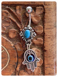 INDIAN SILVER HAMSA HAND EVIL EYE PROTECTION & TURQUOISE GEMSTONES BOHO SURGICAL STEEL NAVEL BELLY BAR