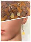 HANDMADE HAMMERED BEATEN BRASS SIMPLE DISC RHOMBUS WIRE EARRINGS MINIMAL PRIMITIVE TRIBAL VIKING