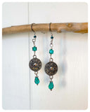 HANDMADE OXIDISED ANTIQUE SILVER INDIAN MANDALA EMERALD GREEN JADE GLASS CRYSTAL DROP EARRINGS RETRO BIRTHSTONE BOHO