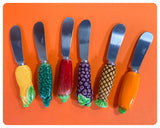 SET OF 6 MID CENTURY VINTAGE STAINLESS STEEL KNIVES MAJOLICA CERAMIC FRUIT & VEGETABLE HANDLES BOXED SIGNED JAPAN