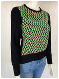 VINTAGE 1970s GREEN BLACK PATTERN SKINNY RIB FINE KNIT JUMPER TOP UK8-12