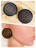 HUGE VINTAGE 80’s RESIN COPPER BRONZE DISC STUD EARRINGS TRIBAL BOHO HIPPIE