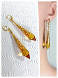 HANDMADE LIGHT AMBER LONG POINT GLASS CRYSTAL ART DECO CHANDELIER RENAISSANCE GOLD CONE ORNATE FILIGREE DROP EARRINGS RETRO BIRTHSTONE BOHO