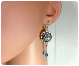 HANDMADE ANTIQUE SILVER FLORA MANDALA TURQUOISE TEAL AQUA HEART GLASS BEAD DROP EARRINGS RETRO BOHO