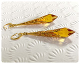 HANDMADE LIGHT AMBER LONG POINT GLASS CRYSTAL ART DECO CHANDELIER RENAISSANCE GOLD CONE ORNATE FILIGREE DROP EARRINGS RETRO BIRTHSTONE BOHO