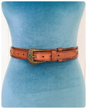 VINTAGE 70’s 80’s DEEP TAN THICK LEATHER WAIST JEANS BELT WESTERN BUCKLE 28-32 INCHES