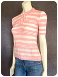 VINTAGE 1970s PINK WHITE STRIPE LACE UP SKINNY RIB JUMPER TOP T SHIRT UK8-10
