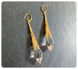 HANDMADE CLEAR QUARTZ LONG POINT GLASS CRYSTAL ART DECO CHANDELIER RENAISSANCE GOLD CONE ORNATE FILIGREE DROP EARRINGS RETRO BIRTHSTONE BOHO