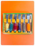 SET OF 6 MID CENTURY VINTAGE STAINLESS STEEL KNIVES MAJOLICA CERAMIC FRUIT & VEGETABLE HANDLES BOXED SIGNED JAPAN