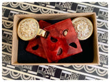 HUGE VINTAGE 80’s TERRACOTTA SQUARE RESIN GOLD COIN MANDALA DISC STUD EARRINGS GEOMETRIC TRIBAL BOHO HIPPIE
