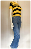 VINTAGE 1970s BRIGHT YELLOW & BLACK STRIPE SKINNY RIB JUMPER TOP T SHIRT NEW DEAD STOCK UK6-10