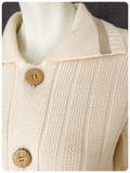 VINTAGE 1970’s CREAM RIB KNIT & TAN SUEDE POCKET BIG BUTTON CARDIGAN UK8 10 12
