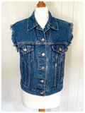 VINTAGE 80’s LEVI’S BLUE DENIM DISTRESSED GILET WAISTCOAT JACKET S UK10-12