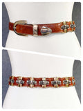 VINTAGE 70’s 80’s DEEP TAN THICK LEATHER METAL LINK CHAIN WAIST CINCH  BELT WESTERN BUCKLE 24-28 INCHES