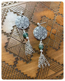 HANDMADE OXIDISED ANTIQUE SILVER INDIAN MANDALA GREEN MOSS AGATE NATURAL GEMSTONE TASSEL DROP EARRINGS RETRO BOHO