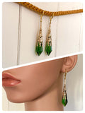 HANDMADE EMERALD GREEN LONG POINT GLASS CRYSTAL ART DECO CHANDELIER RENAISSANCE GOLD CONE ORNATE DROP EARRINGS RETRO BIRTHSTONE BOHO