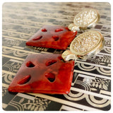 HUGE VINTAGE 80’s TERRACOTTA SQUARE RESIN GOLD COIN MANDALA DISC STUD EARRINGS GEOMETRIC TRIBAL BOHO HIPPIE