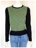 VINTAGE 1970s GREEN BLACK PATTERN SKINNY RIB FINE KNIT JUMPER TOP UK8-12