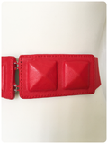 VINTAGE 80’s WIDE RED ELASTIC CINCH WASPIE WAIST BELT PYRAMID STUD BUCKLE