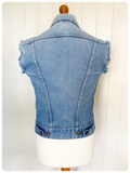 VINTAGE 70’s 80’s WRANGLER DISTRESSED BLUE DENIM GILET VEST TRUCKER WAISTCOAT JACKET SMALL