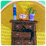 HAND MADE HOOP ART EMBROIDERY BLACK CAT IN THE 70’s IN THE DRAWERS DRAW RETRO LAVA LAMP CACTUS