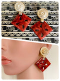 HUGE VINTAGE 80’s TERRACOTTA SQUARE RESIN GOLD COIN MANDALA DISC STUD EARRINGS GEOMETRIC TRIBAL BOHO HIPPIE